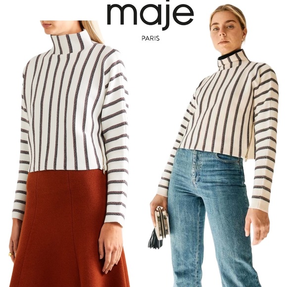 Maje Sweaters - $325‼️MAJE Stripe Jacquard knit Turtleneck Sweater Burgundy Wool Crop Pullover 3